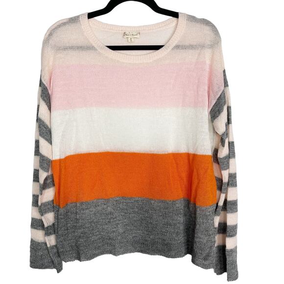 New Hem & Thread Large L Pink Orange Gray Striped Lightweight Sweater Crew Neck - Picture 1 of 10